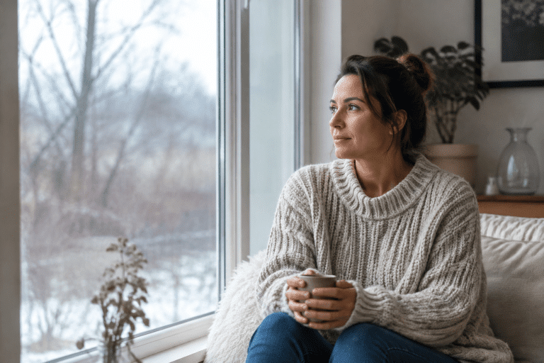 Femme assise près d’une fenêtre en hiver, éclairée par la lumière naturelle, dans une atmosphère calme et réfléchie