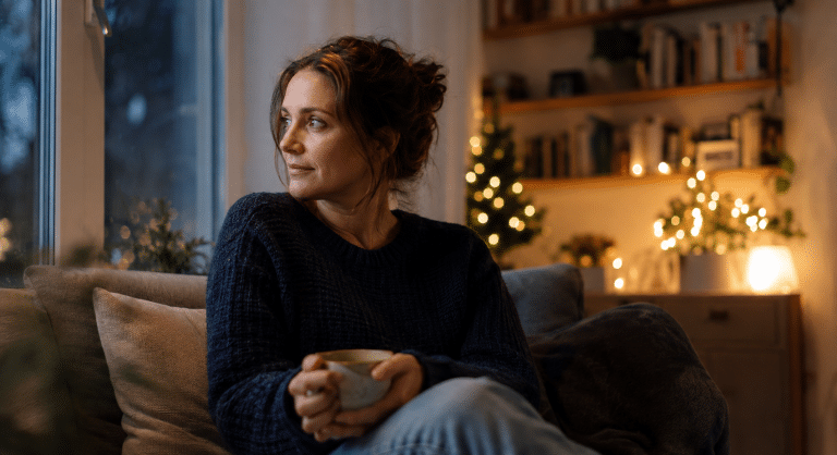 Adulte assis près d’une fenêtre le soir de Noël, une tasse à la main dans une pièce calme et chaleureuse