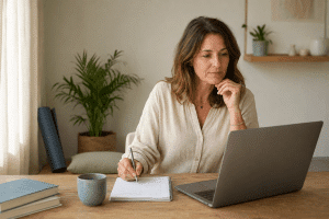 Praticienne du bien-être relisant la présentation de ses services sur son ordinateur